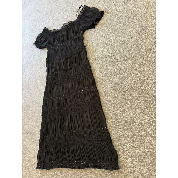 ABS Allen Schwartz Women XXS Sheer Black Sequin Beaded Tiered Ribbon Tie Dress - Picture 12 of 14